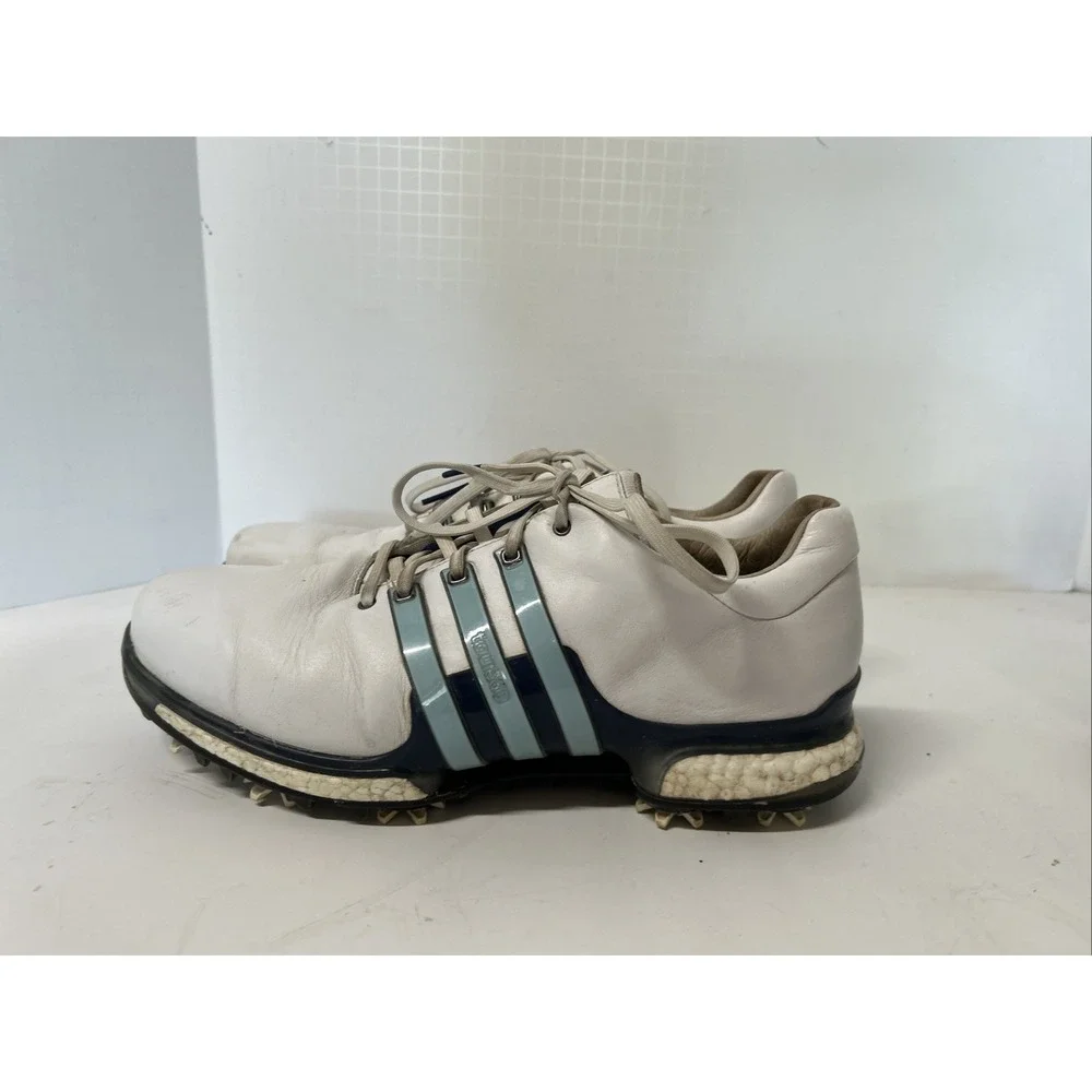 Adidas Tour360 Boost Golf Shoes Mens 9.5 White Blue Spiked Leather